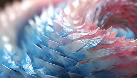 Artistic close-up view of a dragon's tail scales with an iridescent blue and pink color paletteの素材