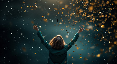 Person with outstretched arms enjoying a magical moment in a blizzard of gold confetti.の素材
