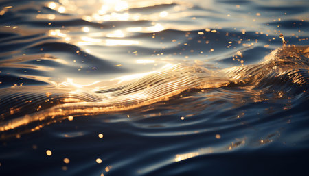 Close-up of ocean waves with golden sunlight reflecting, creating a luxurious and dynamic water surface.の素材