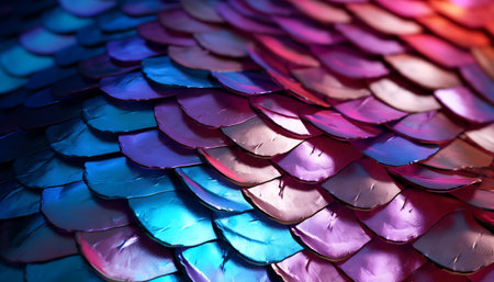 Macro photography captures the delicate interplay of light on multicolored fish scales, highlighting shades of blue, pink, and copperの素材