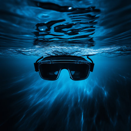 Diving goggles half-submerged, surrounded by rising air bubbles in dark watersの素材