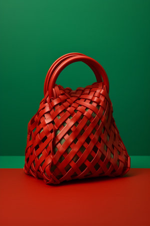 Ornamental red woven bag against a contrasting green and red backgroundの素材