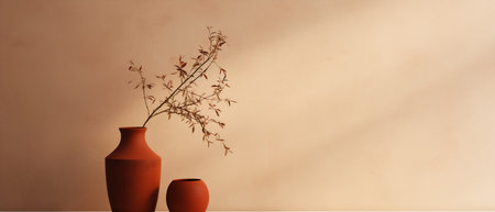 A solitary terracotta vase holding a delicate olive branch, set against a textured earth-toned wall.の素材
