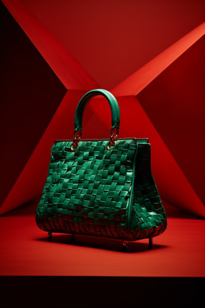 A teal textured tote bag with red handles stands out against a red curtain.の素材