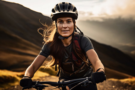 Female cyclist with helmet riding mountain bike on a scenic trail.の素材