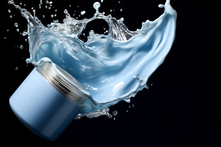 A jar of skincare cream amidst a vibrant splash of blue water against a dark backdrop.の素材