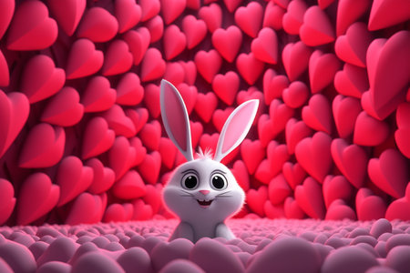 Valentine's day card with bunny. Rabbit cartoon collection. Small lovely rabbit with hearts.の素材