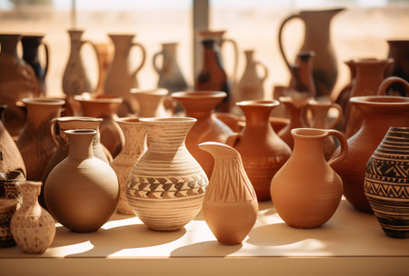 Close-up of terracotta pottery with intricate designs, displayed outdoorsの素材