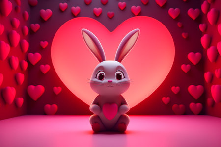 Valentine's day card with bunny. Rabbit cartoon collection. Small lovely rabbit with hearts.の素材