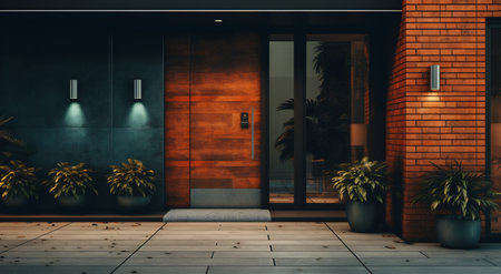 A captivating home entry flanked by exotic plants and a rich wooden door, under the soft glow of evening lightsの素材