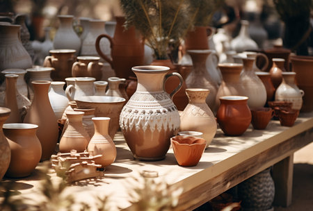 Close-up of terracotta pottery with intricate designs, displayed outdoorsの素材