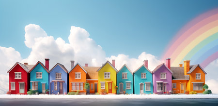 A row of rainbow-colored toy houses set against a clear blue sky.の素材