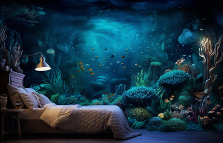 A bedroom with walls featuring a vivid undersea mural, illuminated by natural light beams from aboveの素材