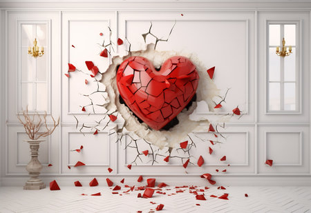 Image of a red golden heart on cracked plaster.の素材