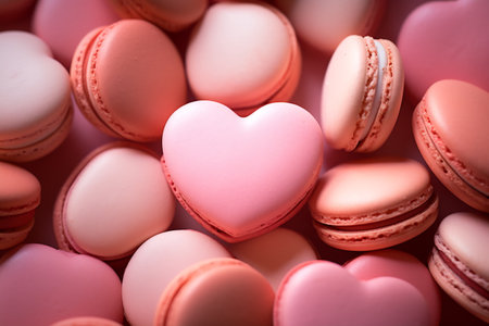 Valentine's Day sweets. Pink macaroons heart shaped.の素材