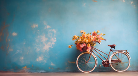 Classic bike with a basket of flowers before a textured azure backgroundの素材
