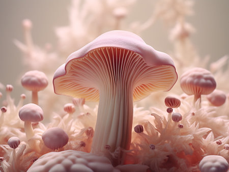 A delicate mushroom amidst soft pink flowers in a dreamy macro shot.の素材