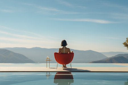 Woman sitting poolside in swimwear, embracing the expansive ocean viewの素材