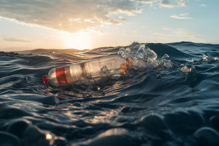 A poignant ocean sunset behind a mass of floating plastic bottlesの素材