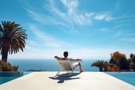 Man reclining in solitude on a poolside lounge chair, gazing at the endless seaの素材
