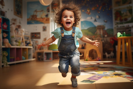 Excited child jumping with joy in a colorful playroom.の素材