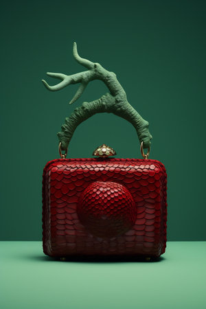 Luxurious red woven handbag showcased against a monochromatic curtainの素材