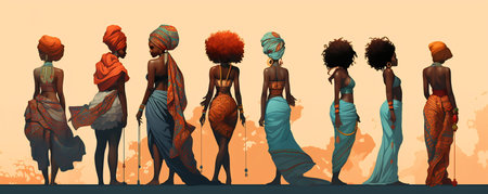An artistic illustration showcasing profiles of African women with stylish turbans.の素材
