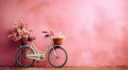 A vintage bicycle with baskets full of pink flowers against a soft pink wallの素材