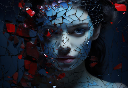 A creative portrait of a woman with a face partially fragmented like shattered glass.の素材
