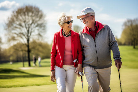 A smiling elderly couple holding hands while walking on a golf courseの素材