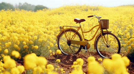 A classic blue bike with a wicker basket beside vibrant yellow flowersの素材