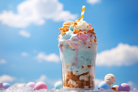 A sumptuous blue milkshake adorned with whipped cream and a striped straw, against a refreshing blue backdropの素材