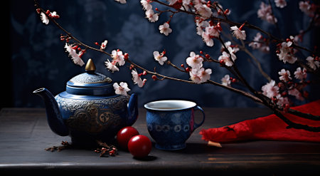 Cast iron teapot and cup with cherry blossoms.の素材