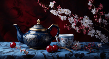 An ornate teapot with cherry blossoms in soft lightの素材