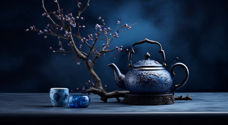 An ornate teapot with cherry blossoms in soft lightの素材