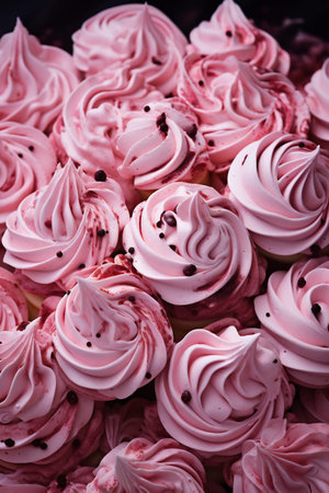 Close-up of delicate pink meringue swirls dusted with rich chocolate sprinkles, creating a beautiful and tempting dessert array.の素材