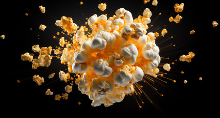 Cheddar cheese popcorn kernels caught in an explosive burst against a dark backdrop.の素材