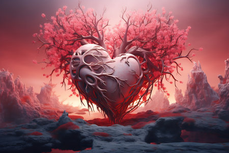 A 3D-rendered heart with tree-like veins amidst a misty landscapeの素材
