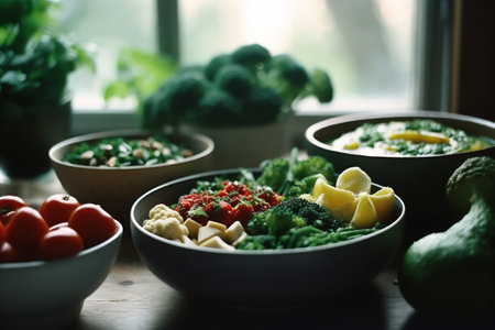 A wholesome breakfast setting with a salad bowl, fresh juice, and sliced fruits, bathed in morning sunlight.の素材