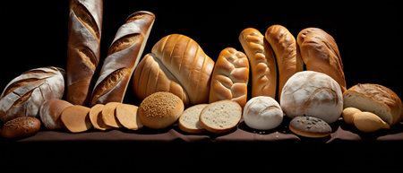 A still life composition of artisan bread varieties with wheat stalks on a dark table.の素材