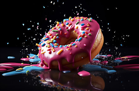 Donut with icing and colorful sprinkles mid-air against a dark backgroundの素材