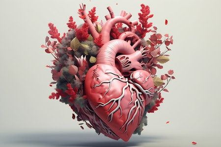 A realistic 3D rendering of a human heart surrounded by delicate pink blossoms, symbolizing life and natural beauty. Valentines day card. Anatomical heart with flowersの素材