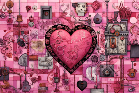 An intricate collage featuring hearts, roses, and geometric patterns in pink hues.の素材