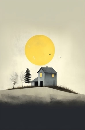 A serene illustration of an isolated house with barren trees under a large setting sun and birds in flight.の素材