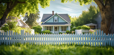 A traditional suburban home with a white picket fence, lush green grass, and mature trees.の素材