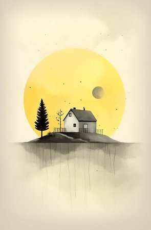 A serene illustration of an isolated house with barren trees under a large setting sun and birds in flight.の素材