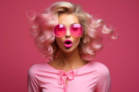 Elegant woman with vintage curls, open mouth and pink round sunglasses on pink background, expressing surpriseの素材