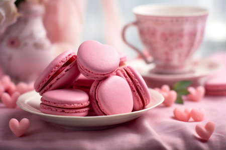 Pink macarons with heart-shaped petals and roses. Valentine's Day sweets. Pink macaroons heart shaped.の素材