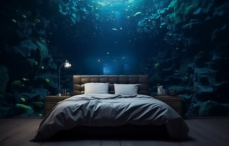 A bedroom with walls featuring a vivid undersea mural, illuminated by natural light beams from aboveの素材