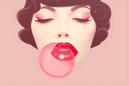 Surreal portrait of a woman with exaggerated makeup blowing pink bubble.の素材